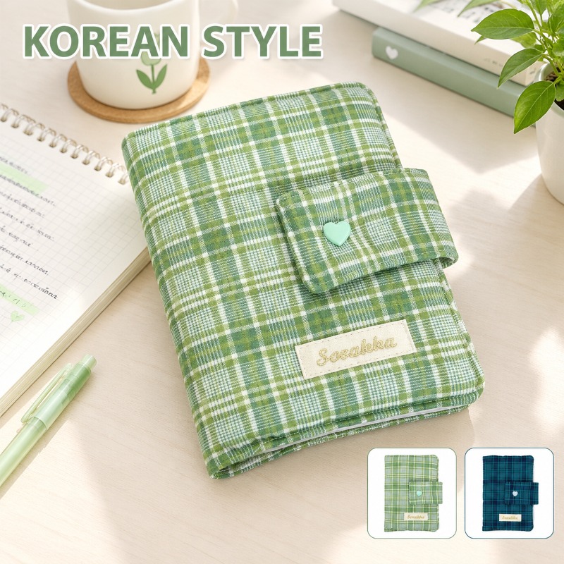 Stationery Books - 緑と白のギンガムチェック柄、手作りのジャーナル用布製カバー、韓国風のエネルギッシュなデザイン、学生用ノートの保護カバー、学校文具。
