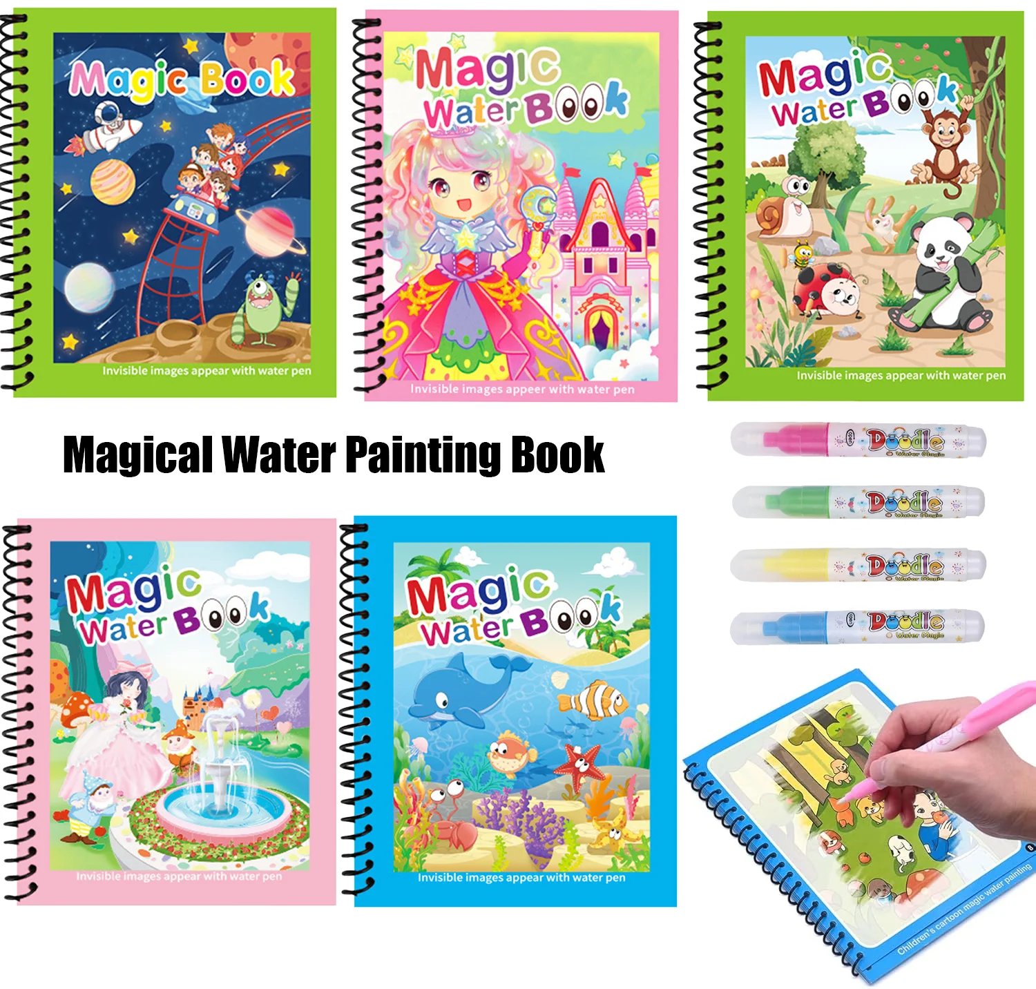 Reusable Water Magic Coloring Book - 繰り返し使える塗り絵ブック。モンテッソーリ教育に基づいた塗り絵ブックで、ペンと魔法の水を使って描くことができます。感覚を刺激し、早期教育と学習を促すおもちゃです。